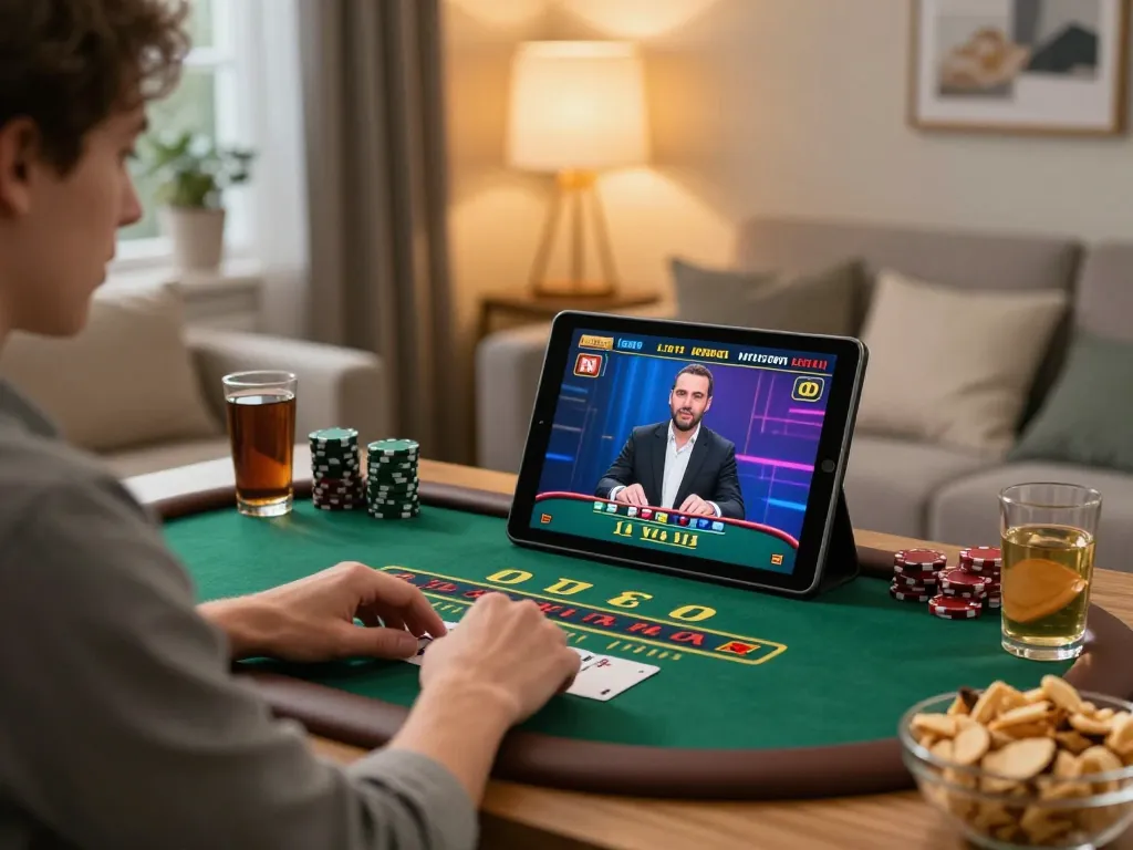 Player enjoying an online blackjack game at home with TR88, showcasing excitement and strategic gameplay.