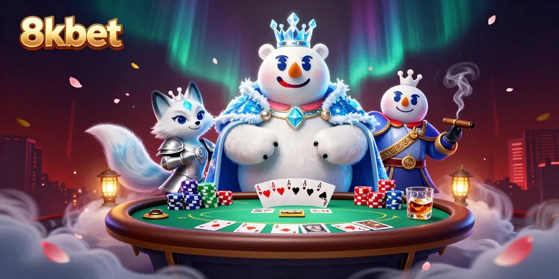 Engage with 8xbet's thrilling poker scene featuring a charming ice king polar bear and snow fox.