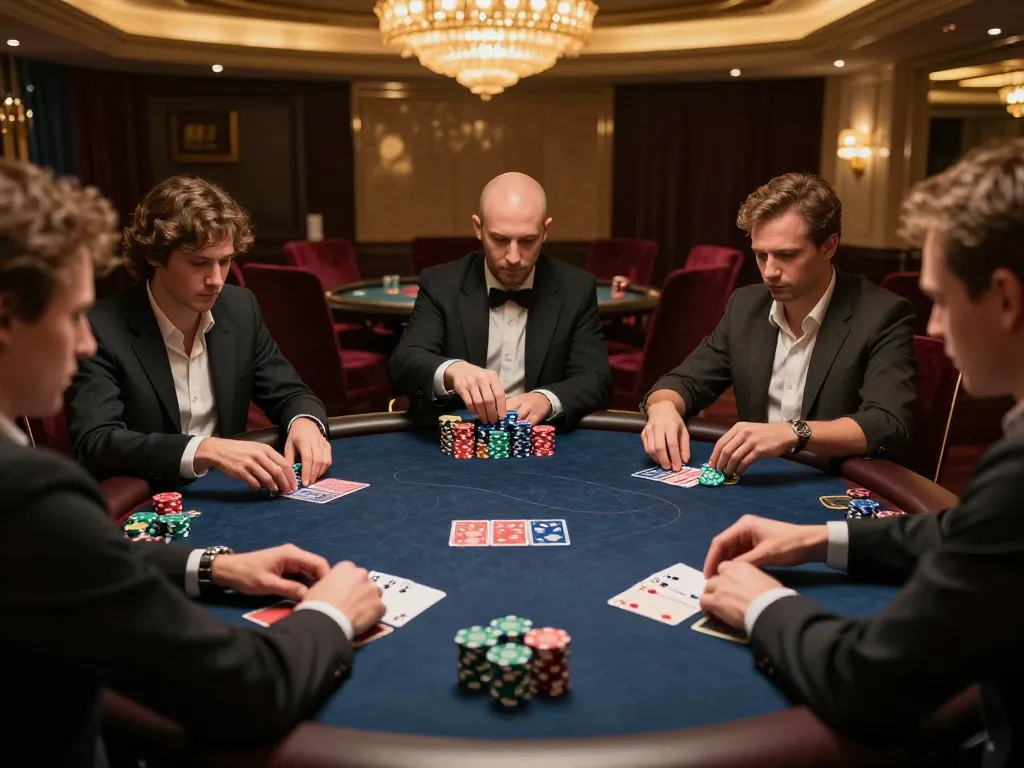 TR88 poker table with players strategizing during high-stakes game, luxurious casino atmosphere
