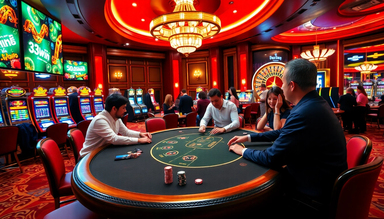 Experience the excitement of 33win at a luxurious casino with vibrant gaming tables and thrilling action.