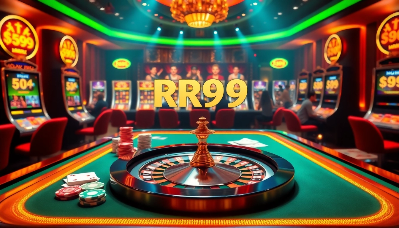 Dynamic gaming scene featuring RR99 with vibrant cards and roulette wheel action.