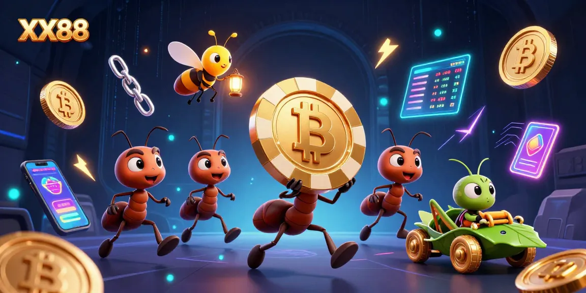 Engage in exciting gambling with XX88, as ants steal a giant poker chip in a vibrant 3D scene.