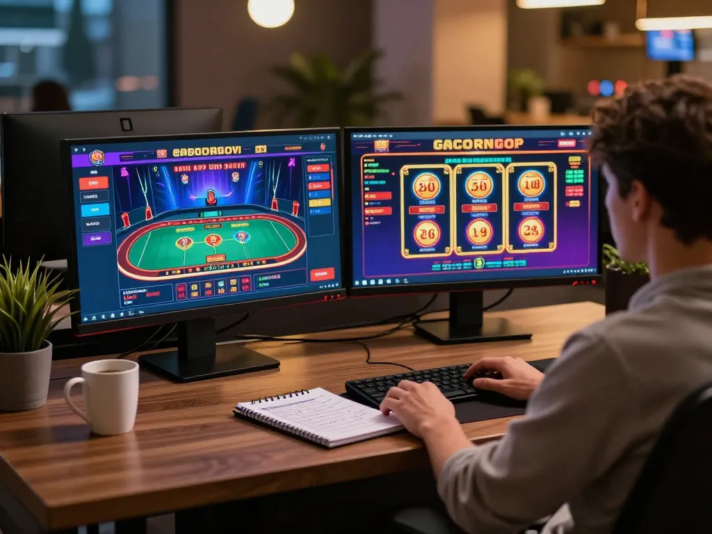 Engaging online gaming session with vibrant slot gacor games visible on multiple screens.