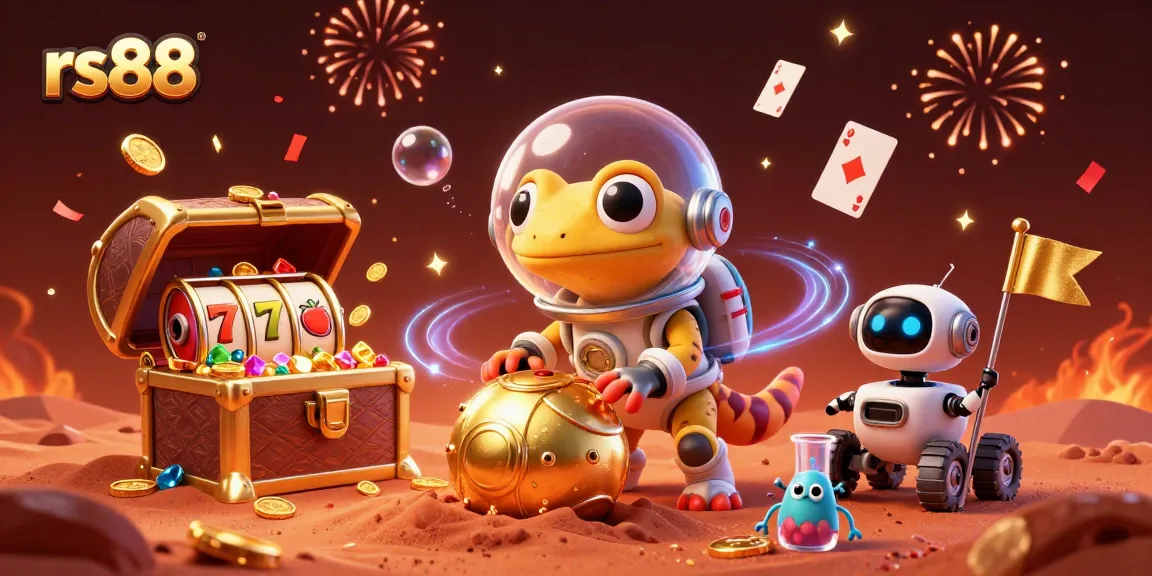 Experience the thrill of rs88 with a Martian gecko exploring a golden casino in a vibrant, celebratory scene.