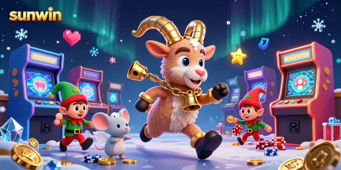 Engage in thrilling gameplay at sunwin with colorful arcade machines and festive casino characters.