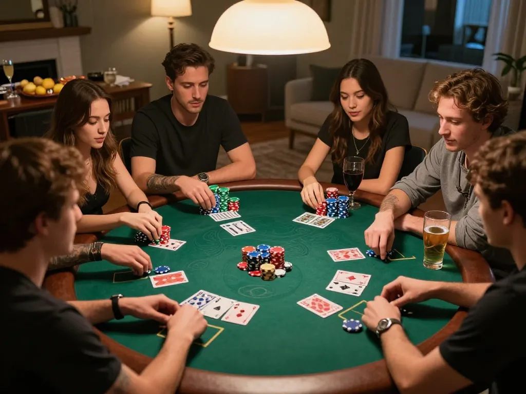 BJ88 players strategizing during an intense home poker game with colorful chips and friendly atmosphere.
