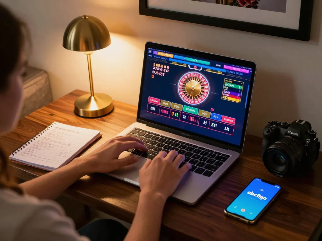 Player engaging in online casino gameplay with abc8go app on a laptop, cozy modern setup.