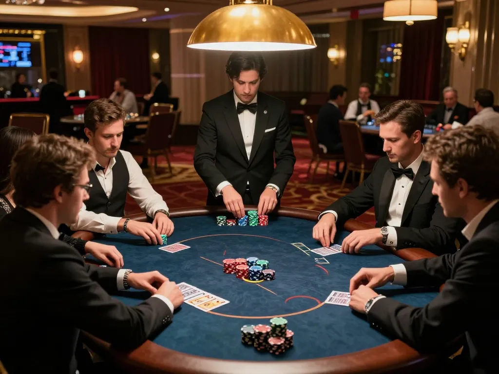 Hit club members strategizing at an upscale poker table in a luxurious casino environment.