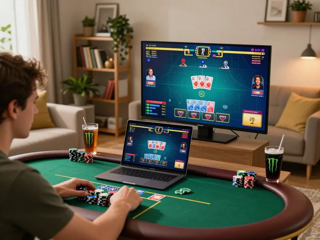 Engaging in online poker gameplay with Liên minh ATQ setup at home, showcasing chips and a laptop screen.