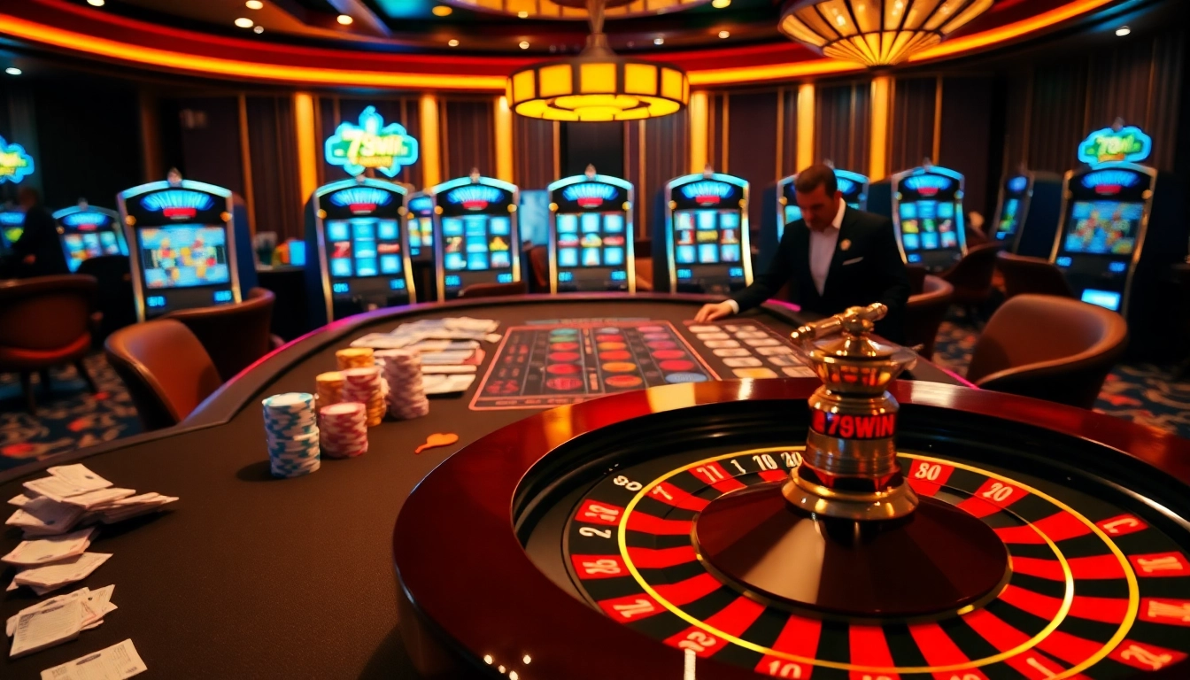 Experience the excitement of 78WIN at a luxurious casino table with vibrant poker chips and roulette wheel.