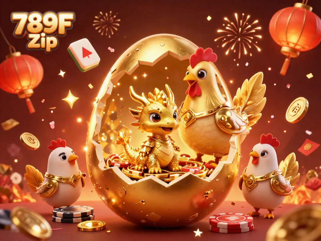 Experience the vibrant world of 789F Zip with a dazzling golden dragon amidst poker chips and festive elements.