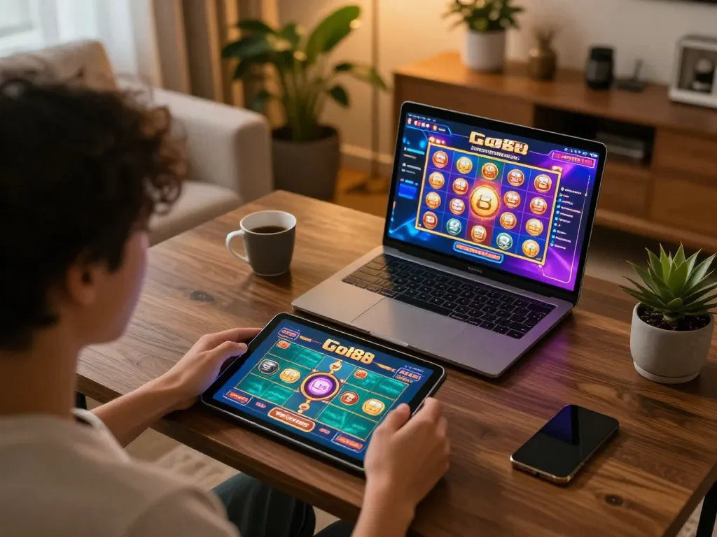 Play Go88 casino games on a modern tablet, showcasing an engaging online gambling atmosphere