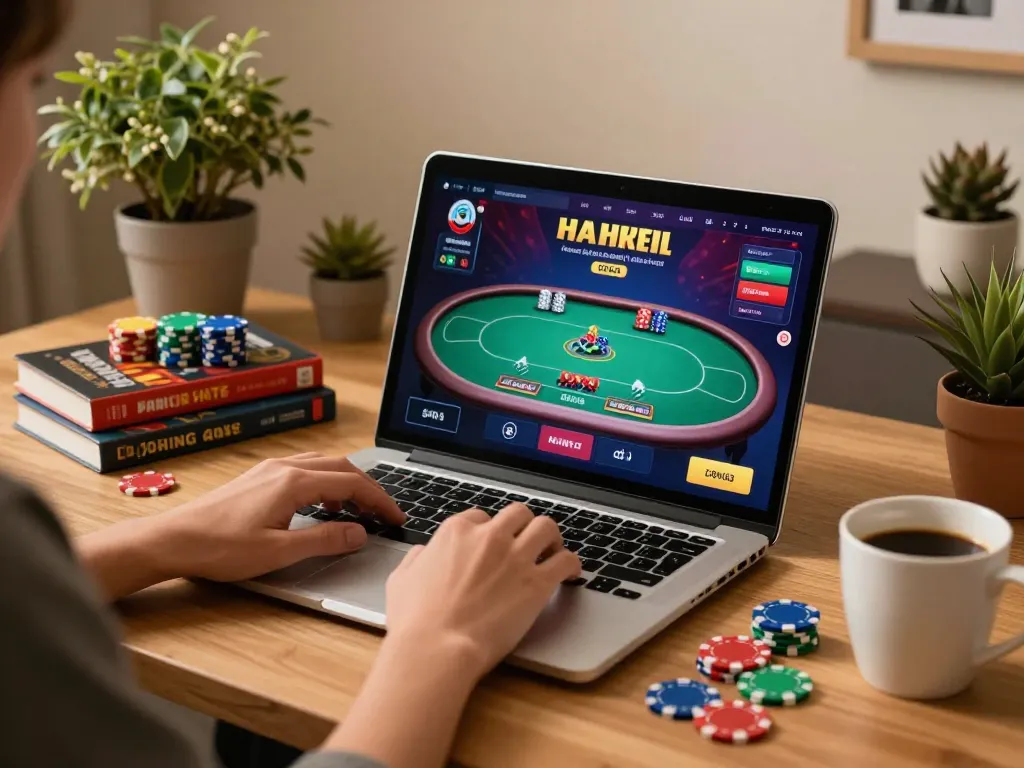 Engaging online casino gaming scene featuring TG88 poker gameplay interface on laptop