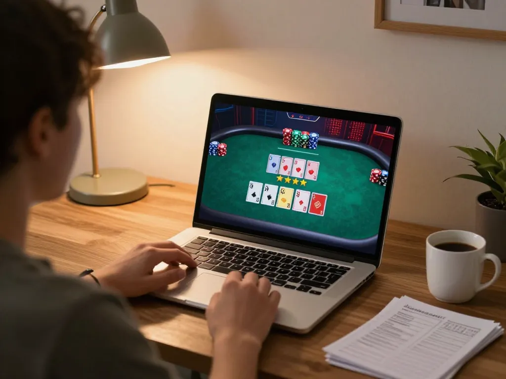 E2bet player enjoying online poker game with strategic notes in a cozy home office environment