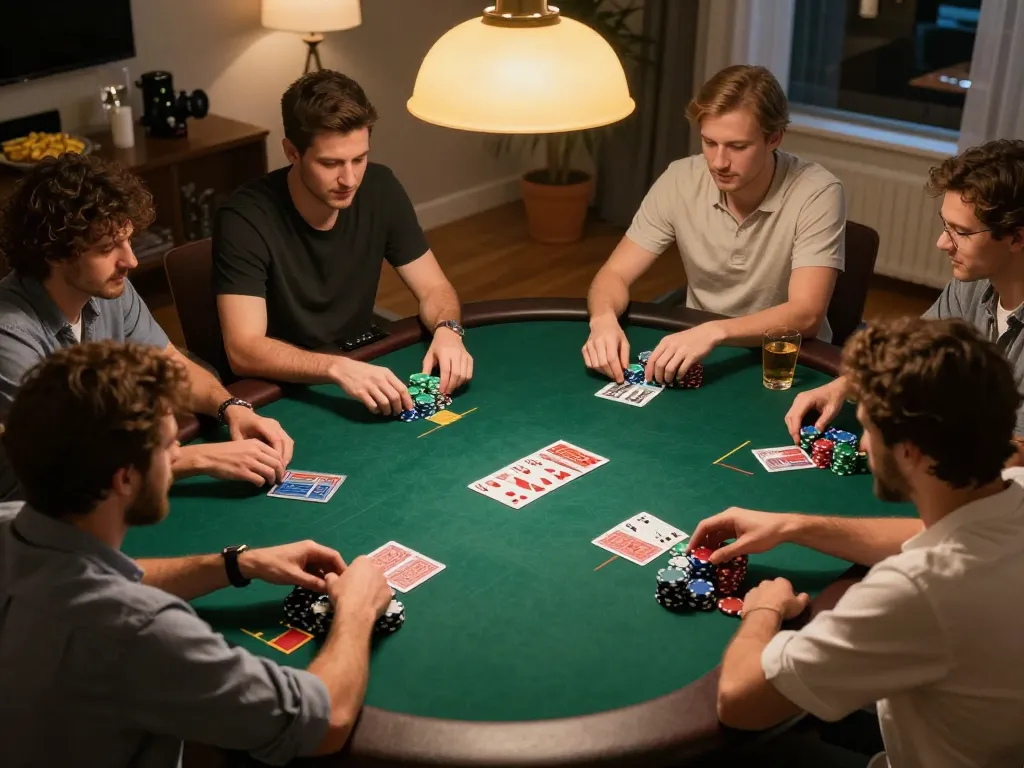 Engaged players at home playing poker with 58wiin app, drinks and snacks create an inviting atmosphere.