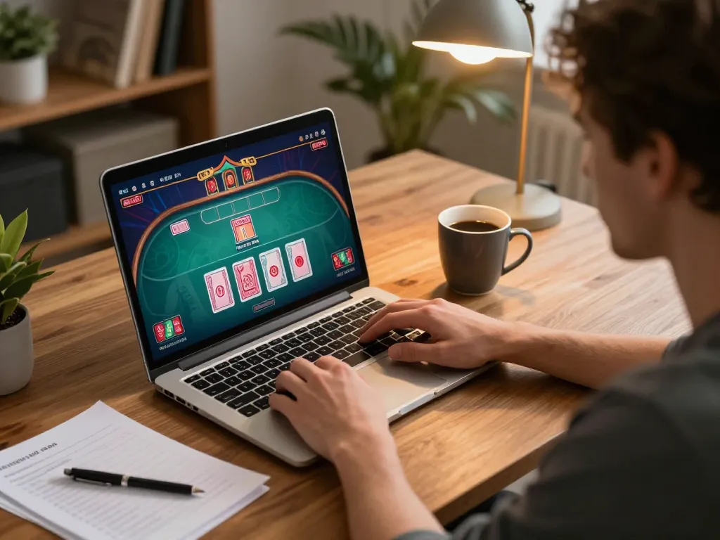 Player analyzing strategies while engaging with okfun online poker game on a laptop