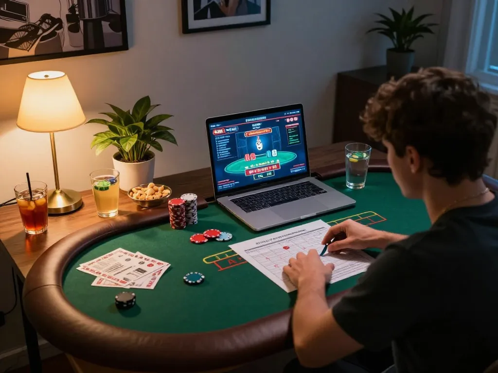 Player enjoying poker on fun 88 online casino platform with strategic notes and cozy setup