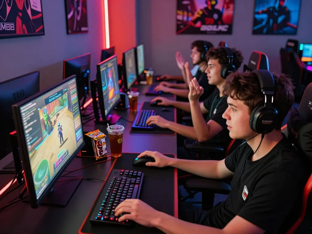 Exciting MM88 gaming scene with players immersed in action and vibrant computer setups.