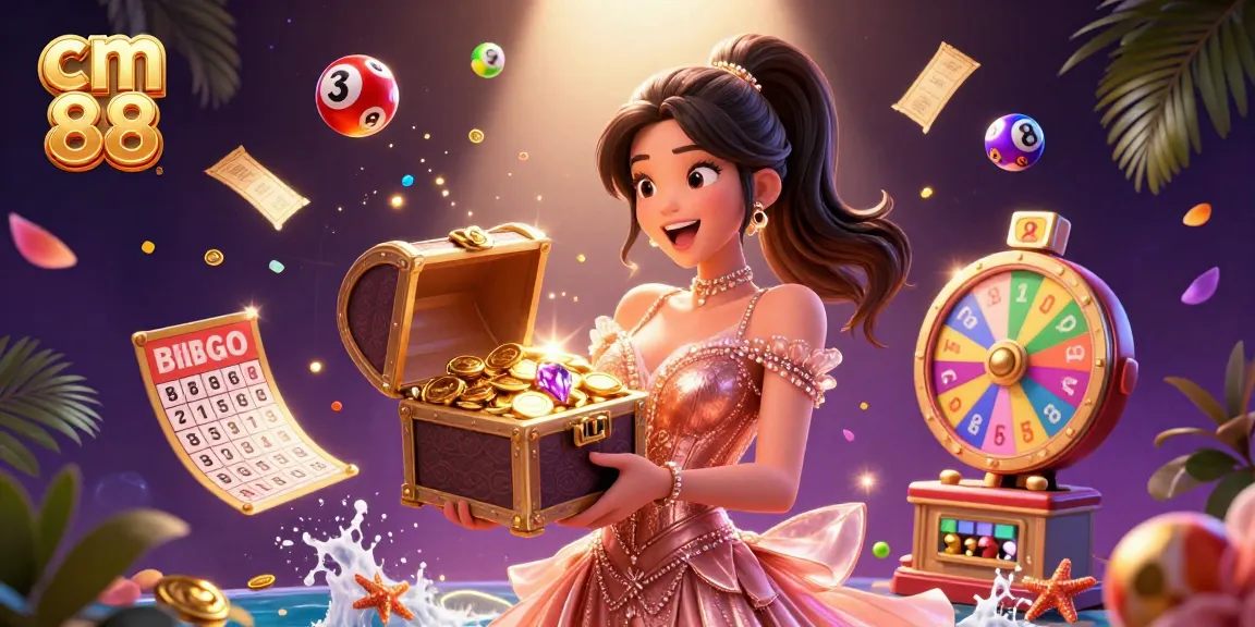Spin and win big at cm 88, featuring a joyful woman with treasure, golden coins, and vibrant lottery elements.