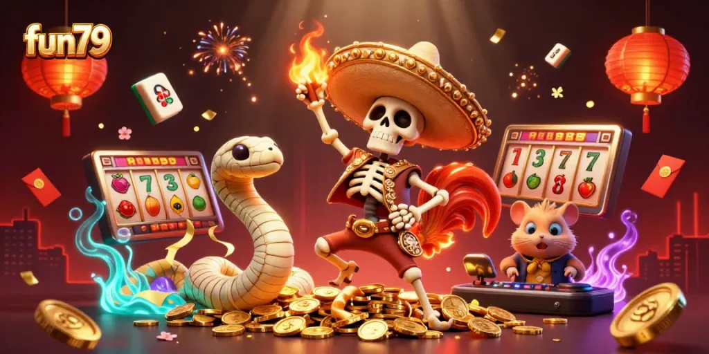 Engage with fun79's vibrant casino scene featuring exciting game elements and lively characters.