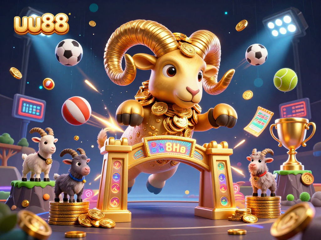 Experience exhilarating action with uu88 featuring a golden ram charging through sports elements and betting slips.