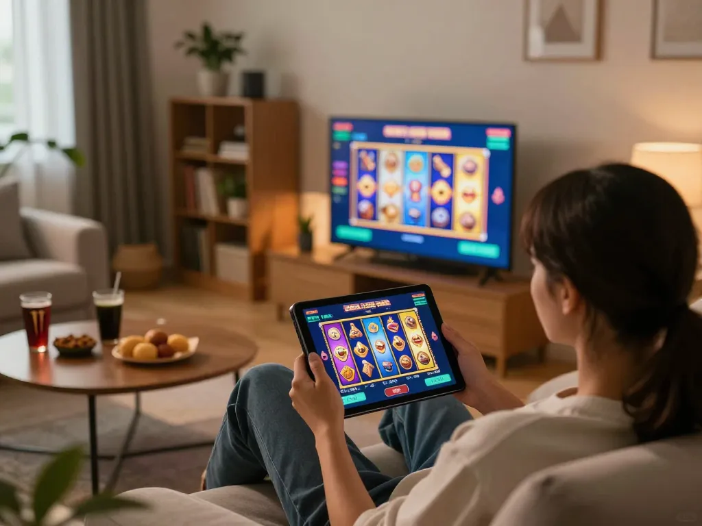 Engaging gaming session at home using jamsosindonesia's online platform with tablet showcasing slot games.
