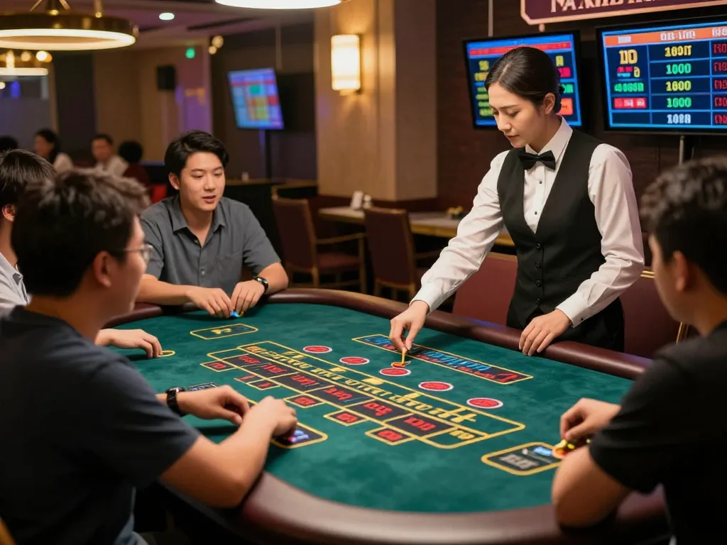 Engaged players enjoying a thrilling tài xỉu online game in a vibrant casino setting, showcasing real-time interactions.