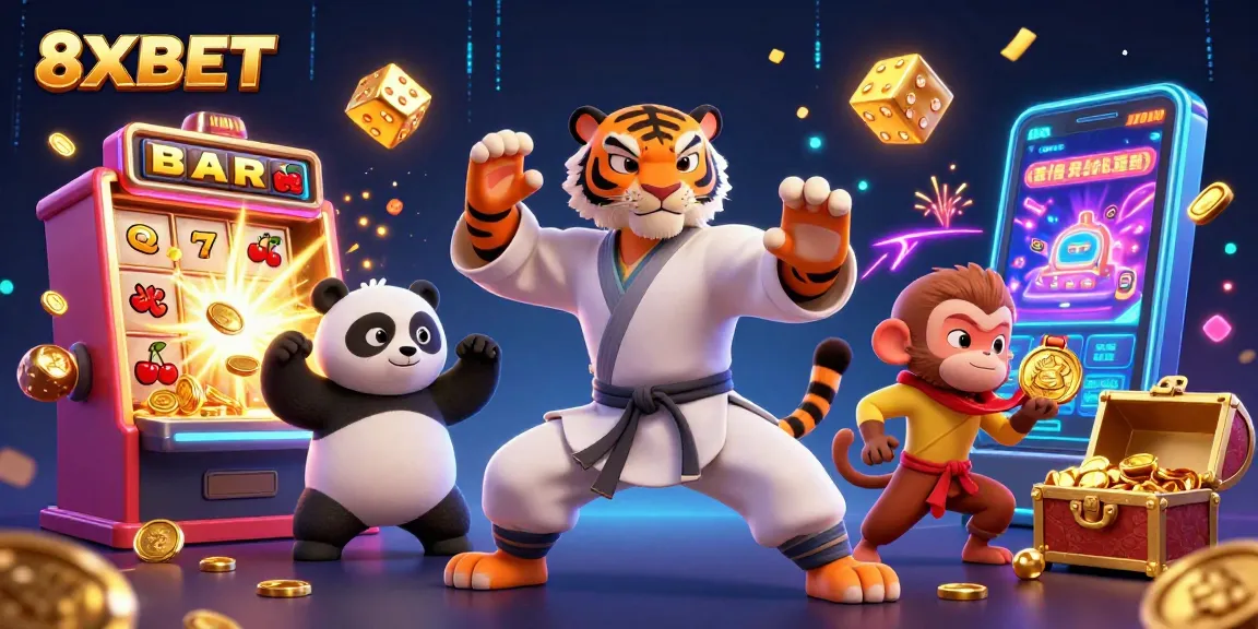 Win big with 8XBET at an energetic casino illustration featuring fun characters and vibrant gaming elements.