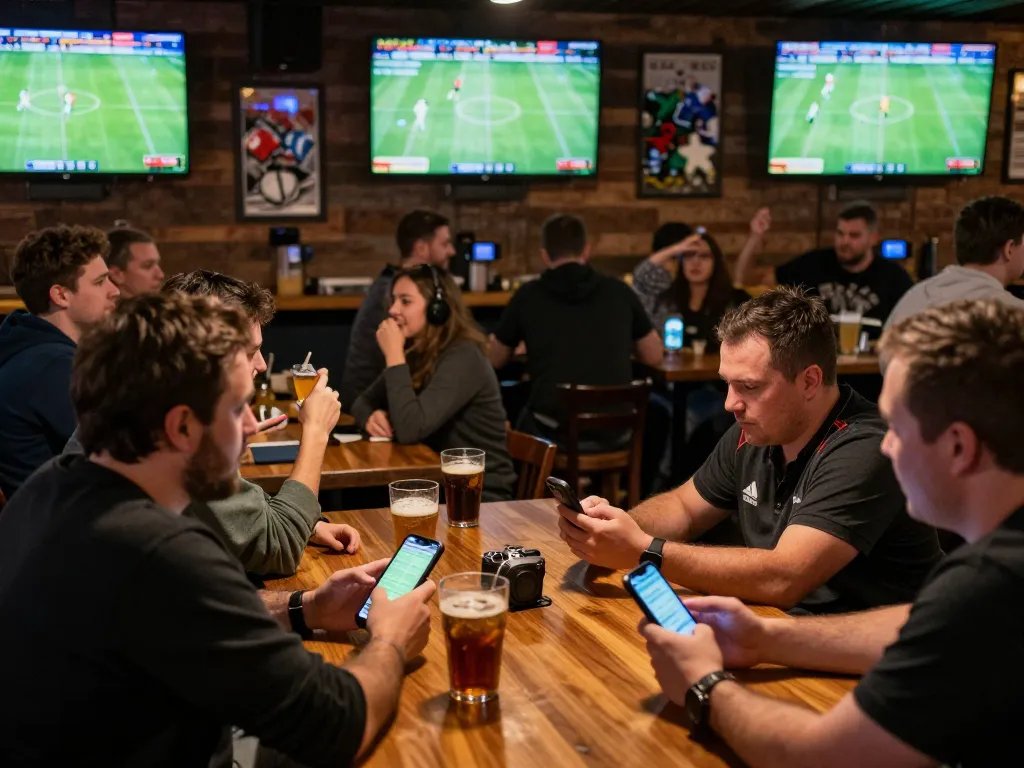 Fans placing bets on their smartphones during a thrilling bongdalu sports betting event at a lively bar
