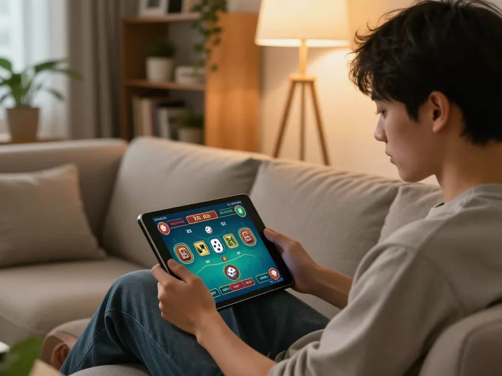 Tài Xỉu online session on tablet in cozy home setting, user engaged in gaming strategy.