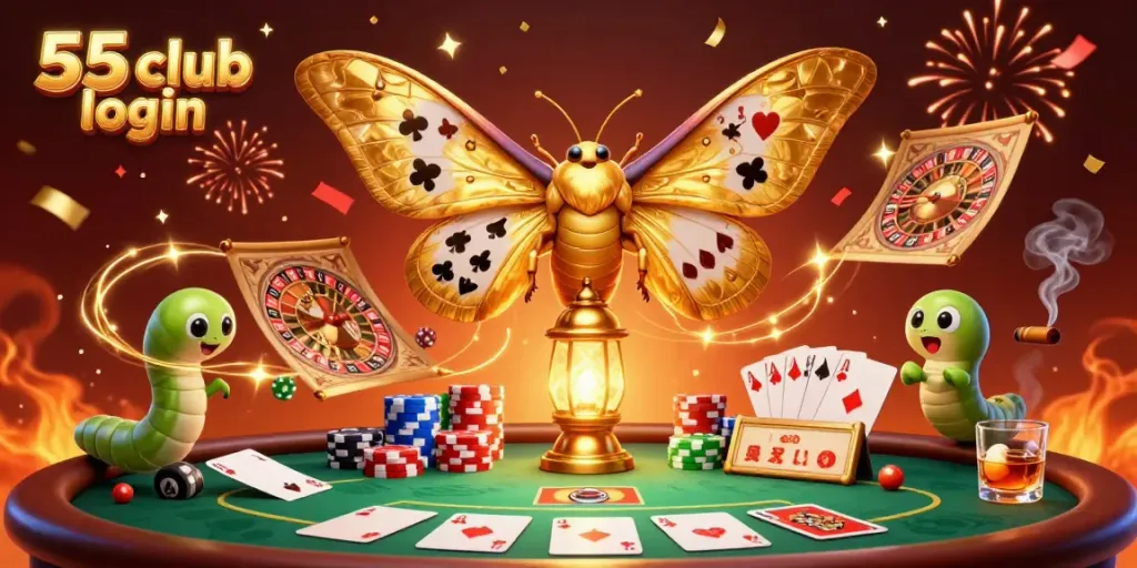 Experience seamless 55 club login action with a majestic moth and vibrant casino elements in a lively gaming environment.