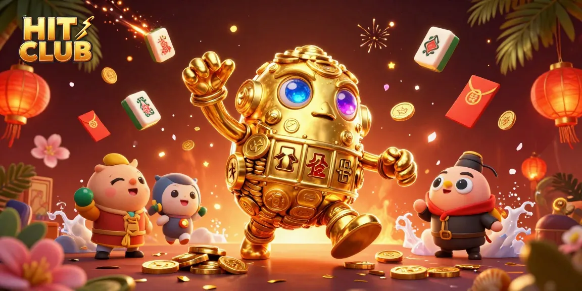 Engage in exciting gameplay at HIT CLUB with a vibrant scene featuring golden golems, slot symbols, and festive elements.