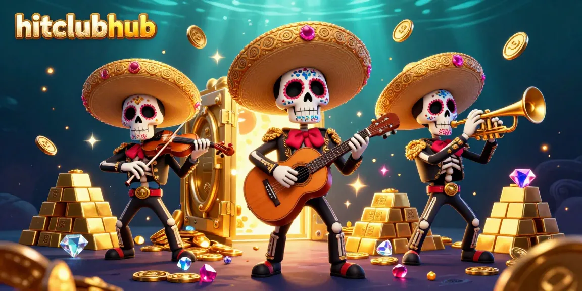 Exciting gaming with hitclubhub featuring a festive mariachi band amidst treasures in a vibrant casino scene.