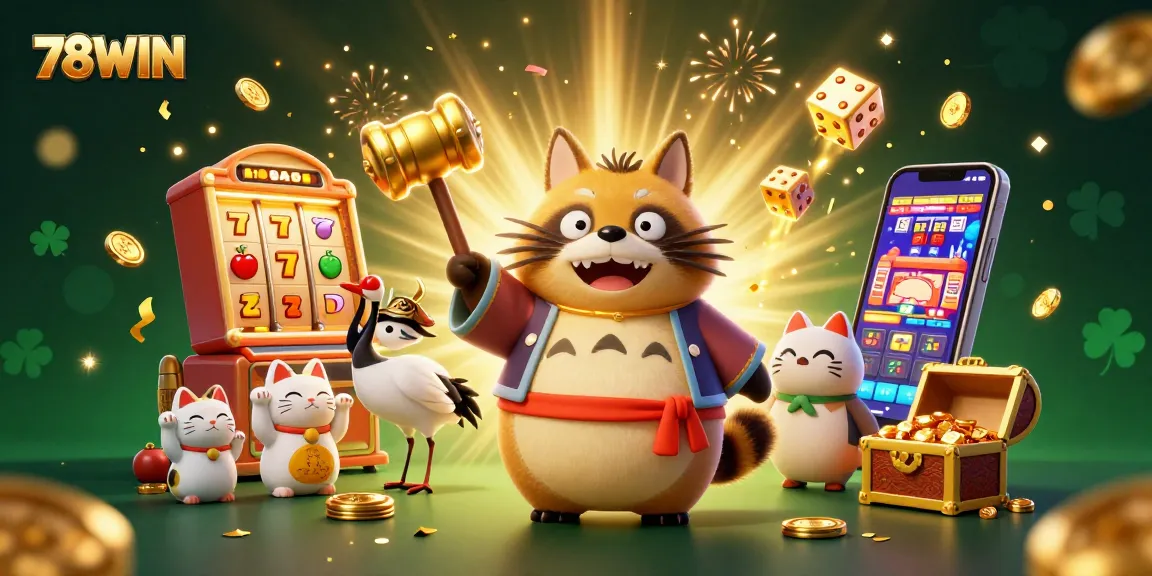 Experience winning excitement at 78WIN with a joyful raccoon and maneki-neko amidst vibrant casino elements.