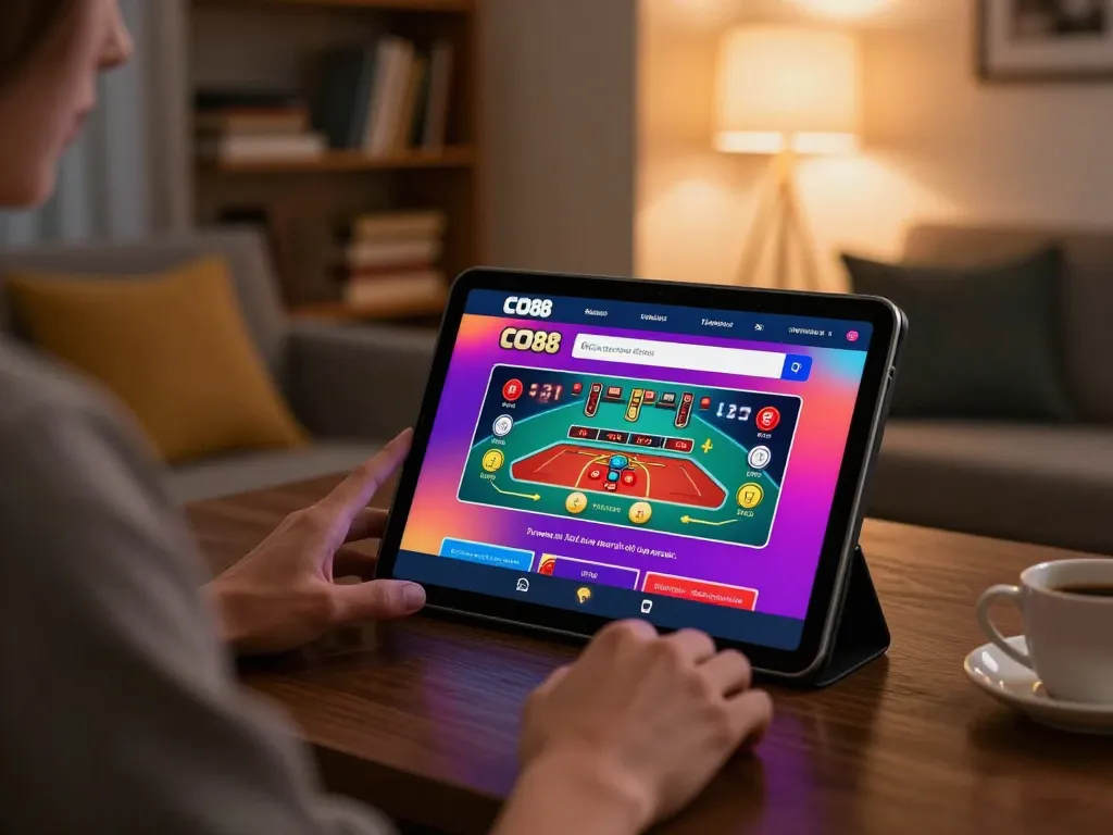 Person playing casino games on CO88 platform with tablet in cozy home environment