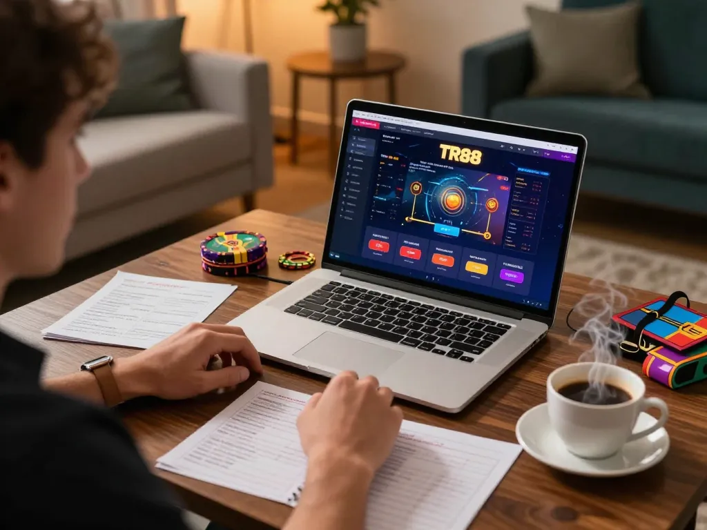 Engaging player enjoying TR88 online casino gaming on a laptop.