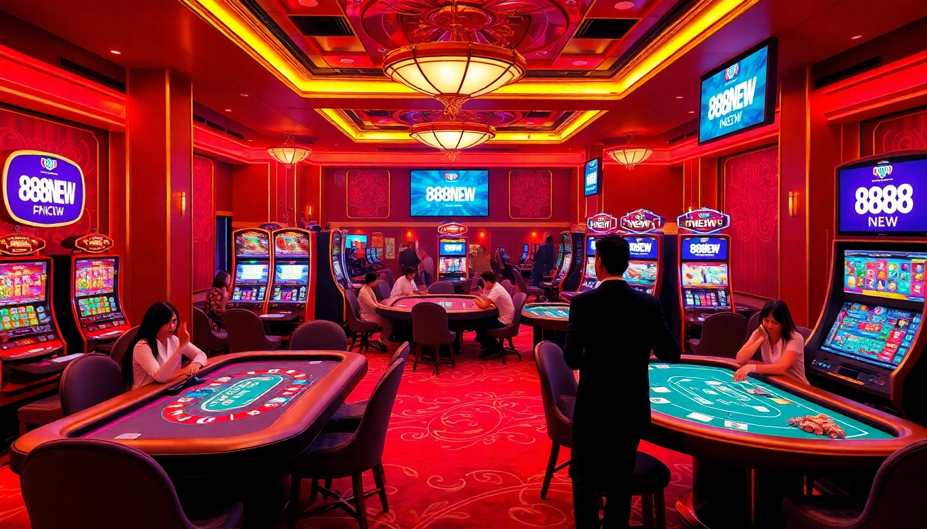 Engaging gamblers at a luxurious casino table with 888NEW branding in a vibrant atmosphere.