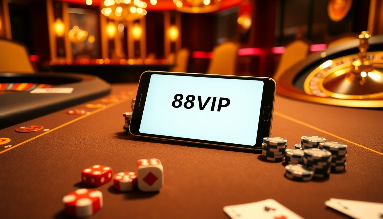 Tải App Nhà Cái 68VIP on a smartphone within a vibrant casino setting, showcasing excitement and luxury.