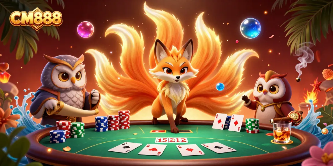 Experience the vibrant world of CM888 poker action with a magical nine-tailed fox, an owl sage, and colorful game elements