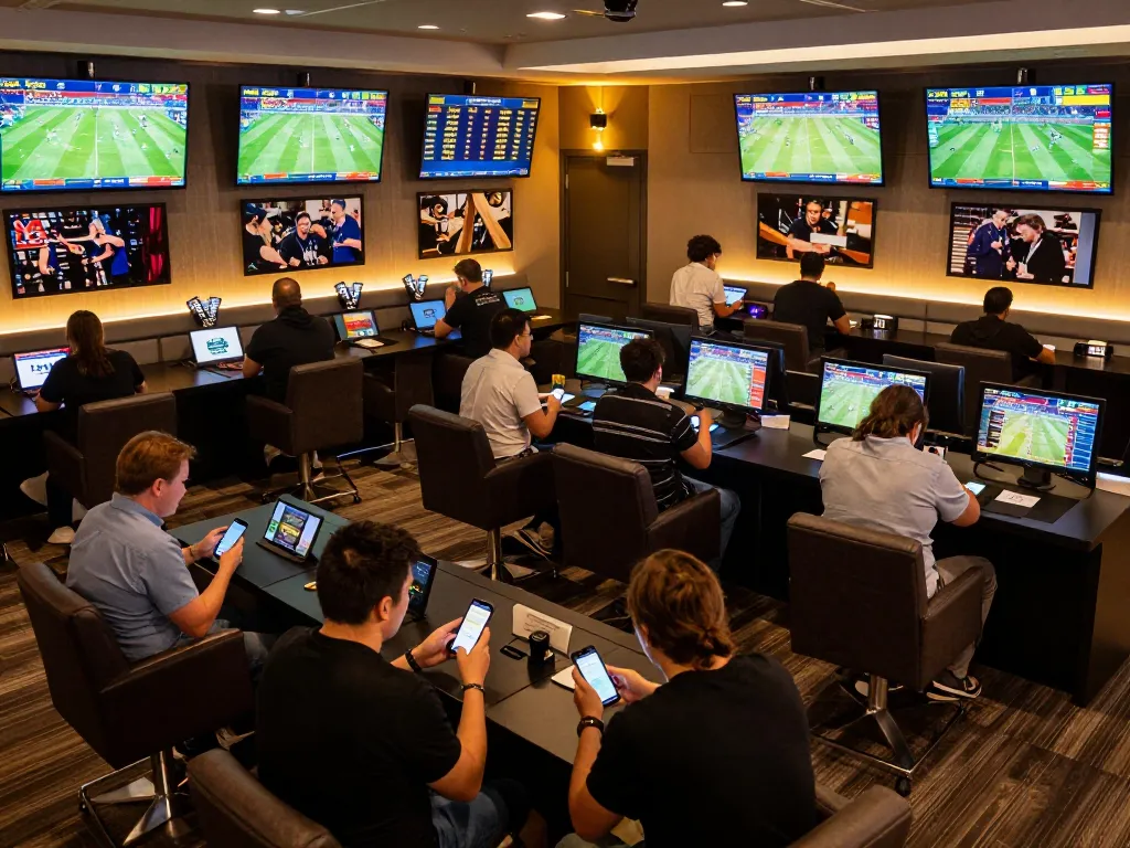 Engaged bettors analyzing odds and placing bets at nhan dinh keo nha cai sports betting lounge.
