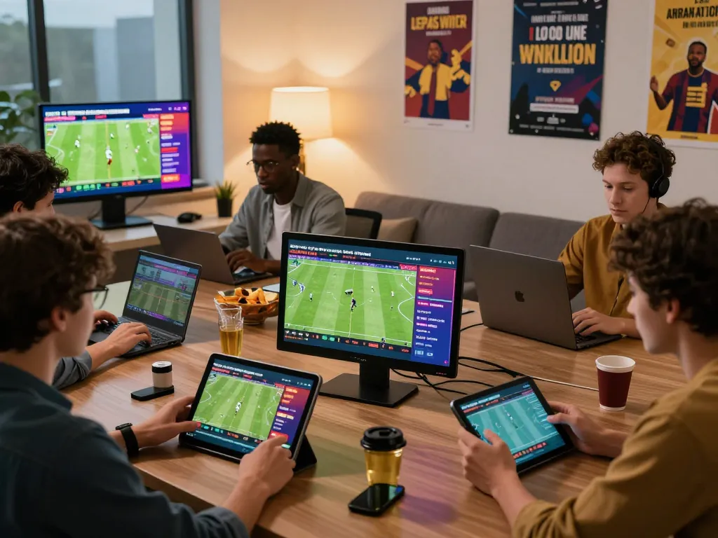 Engaged players using fabet platform for online sports betting in a vibrant modern setting.