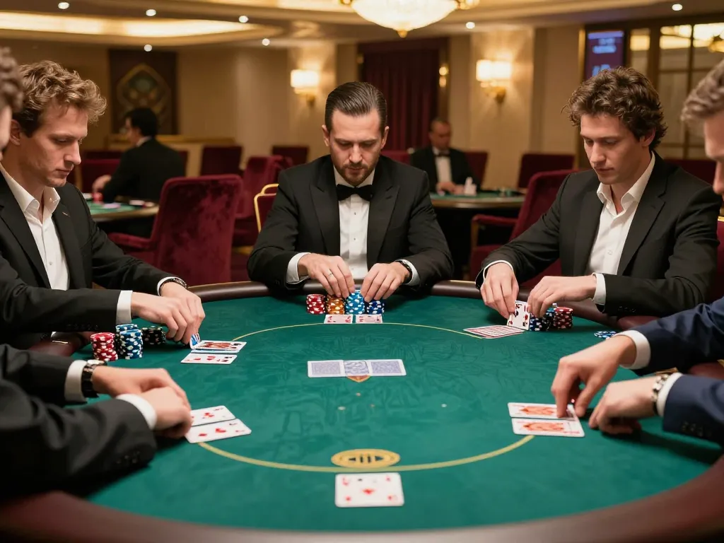 Engaged players at Nhà cái GEM88 poker table showcasing strategic gameplay in luxury casino setting.