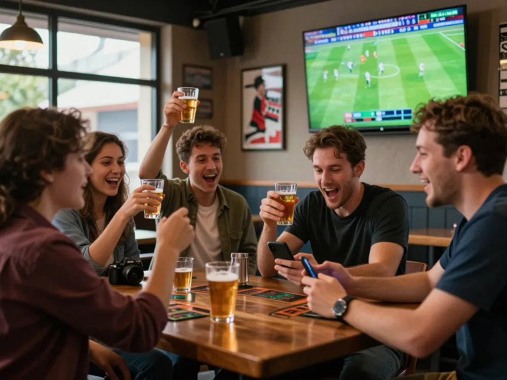 Net88 users engaged in sports betting excitement during live match at vibrant sports bar