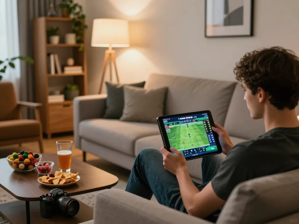 Socolive user engaged in online sports betting within a cozy home setup, showcasing a relaxed gambling atmosphere.