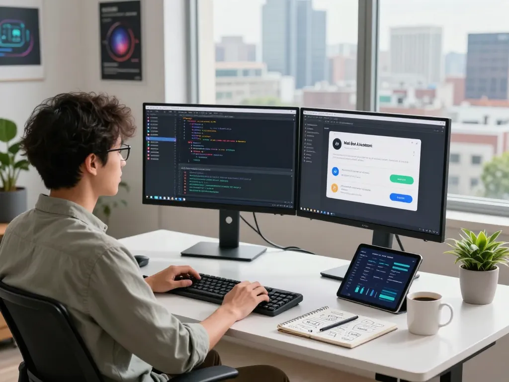 Molt bot in action at a tech workspace, with a developer managing tasks and automation on dual monitors, showcasing productivity and AI integration.