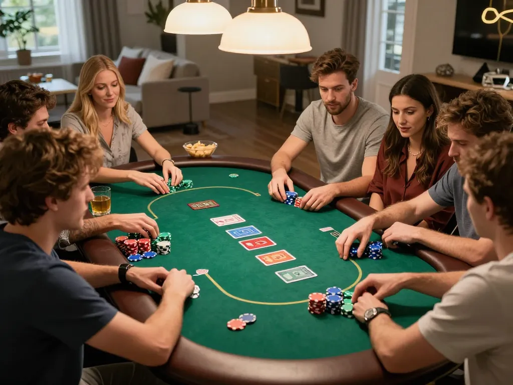 Players engaging in a poker game at home showcasing the excitement of qq88pro gaming.