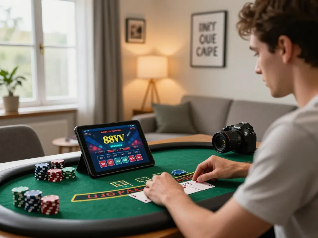 Engaged player using link 88vv for live dealer blackjack at home, showcasing digital gambling strategy.