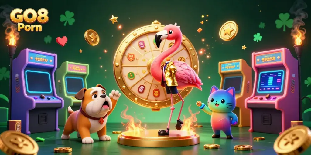 Engage in thrilling gaming action with GO8 Porn's dynamic cartoon scene featuring colorful game elements.