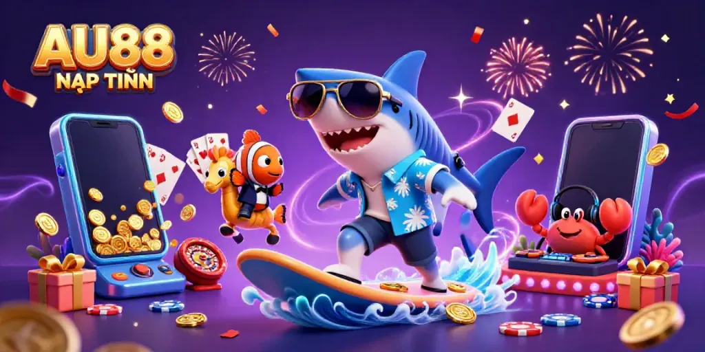 Engage with AU88 NẠP TIỀN through this vibrant 3D casino illustration showcasing a shark, clownfish, and crab amidst slot game elements.