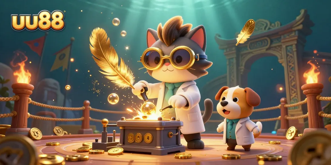 Engage in thrilling games at uu88 featuring a mad scientist cat and loyal dog in an exciting casino atmosphere.